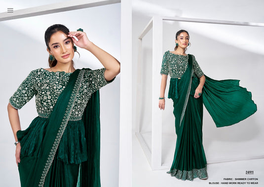 Classic Black Hand Khatli Embroidery Work Two Tone Satin Crepe Silk Festive Saree with Readymade Designer Blouse & Waist Belt