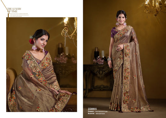 Elegant Purple Georgette Organza Silk Sequins Embroidered Khatli Work Festive Wear Saree