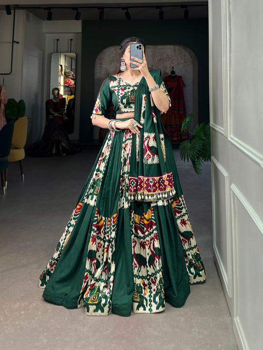 Bottle Green Rayon Printed Silk Fully Stitched Lehenga Choli