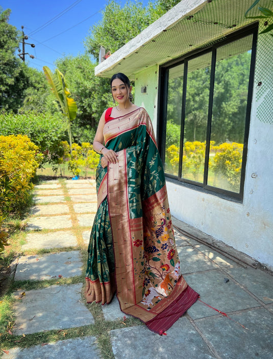 Bottle Green Traditional Pure Soft Paithani Silk Zari Weaving Saree