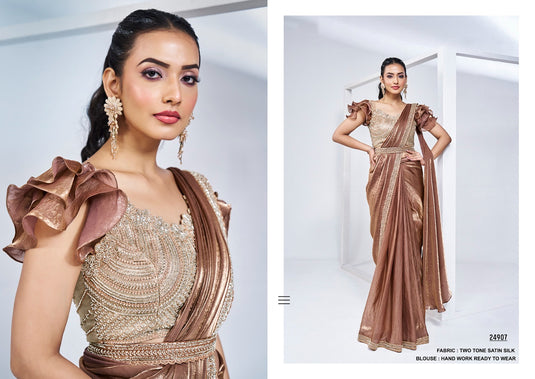 Classic Black Hand Khatli Embroidery Work Two Tone Satin Crepe Silk Festive Saree with Readymade Designer Blouse & Waist Belt