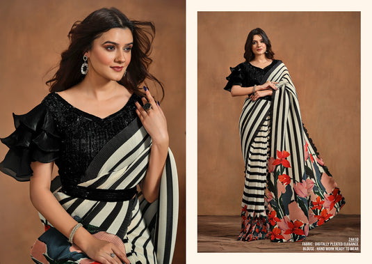 Designer Cream Hand Work Pure Satin Crepe Silk Festive Wear Saree with Readymade Blouse & Waist Belt