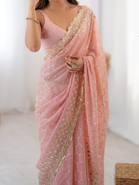 Pink Sequins Embroidered Georgette Party Wear Saree Women