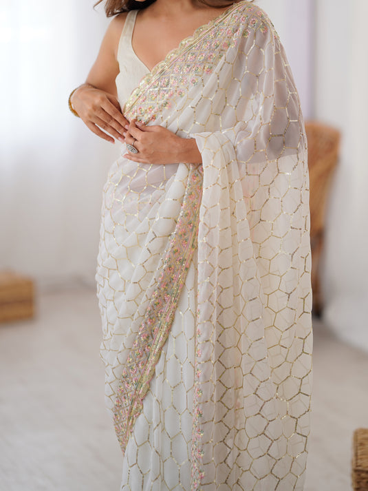 Pink Sequins Embroidered Georgette Party Wear Saree Women