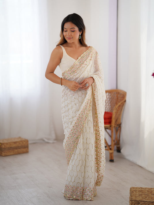 Pink Sequins Embroidered Georgette Party Wear Saree Women