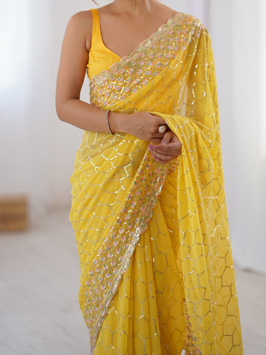 Pink Sequins Embroidered Georgette Party Wear Saree Women