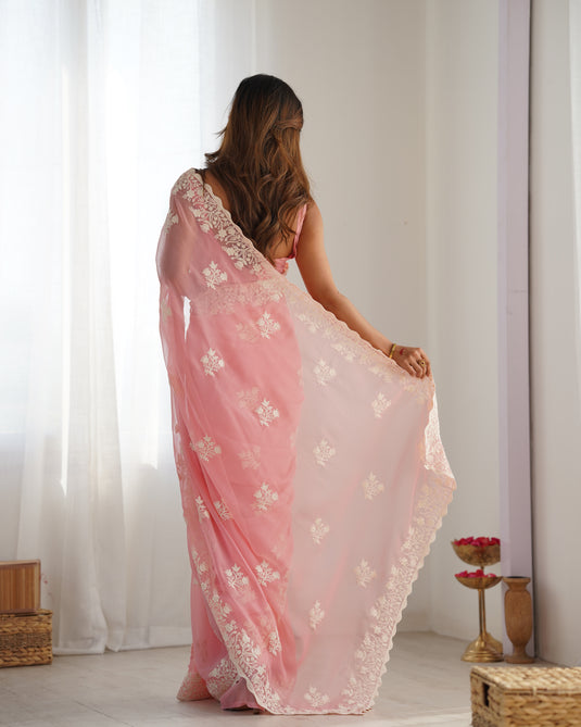 Purple Thread Embroidered Shimmer Silk Party Wear Saree For Women