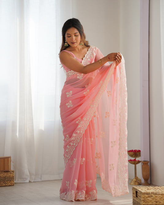 Purple Thread Embroidered Shimmer Silk Party Wear Saree For Women