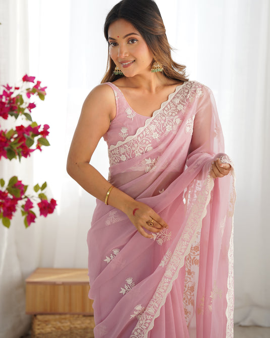 Purple Thread Embroidered Shimmer Silk Party Wear Saree For Women