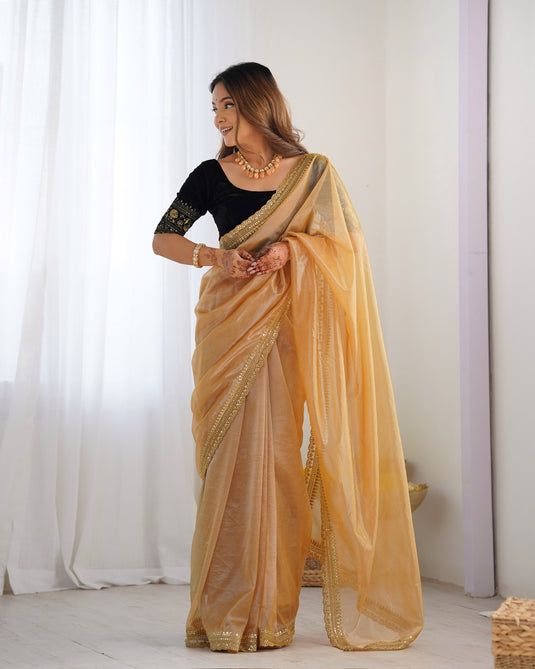Golden Zari & Sequins Embroidered Twill Net Festive Wear Saree For Women