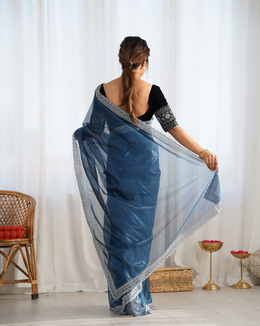 Golden Zari & Sequins Embroidered Twill Net Festive Wear Saree For Women