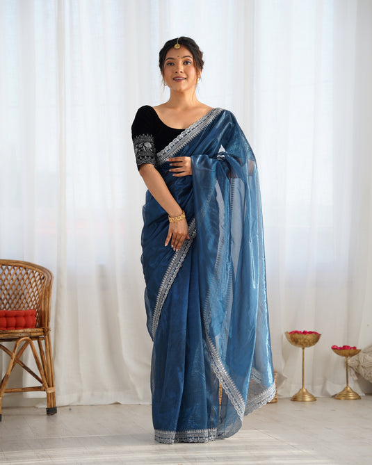 Golden Zari & Sequins Embroidered Twill Net Festive Wear Saree For Women