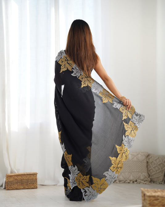 Black Embroidered Vichitra Silk Festive Wear Saree For Women