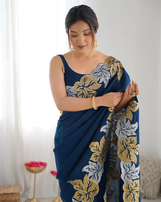 Black Embroidered Vichitra Silk Festive Wear Saree For Women