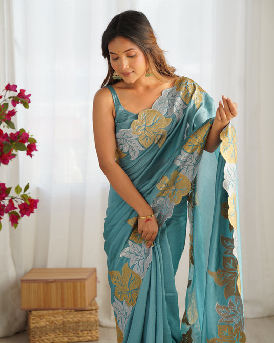 Black Embroidered Vichitra Silk Festive Wear Saree For Women