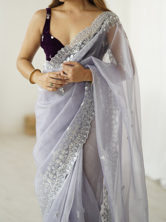 Gray Sequins Embroidered Twill Net Party Wear Saree For Women