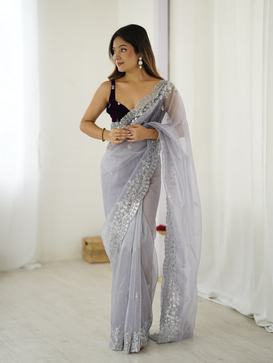 Gray Sequins Embroidered Twill Net Party Wear Saree For Women