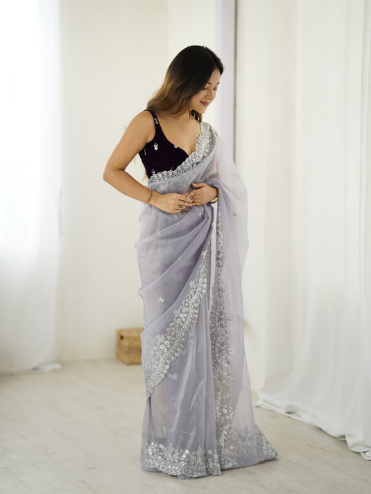 Gray Sequins Embroidered Twill Net Party Wear Saree For Women