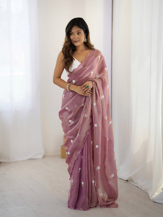 Lavender Sequins Embroidered Fendi Satin Festive Wear Saree For Women