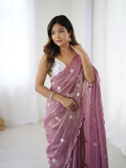 Lavender Sequins Embroidered Fendi Satin Festive Wear Saree For Women