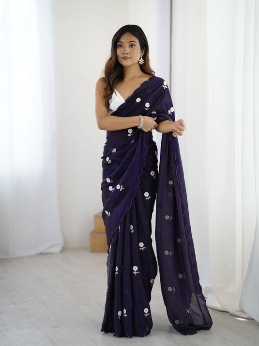 Lavender Sequins Embroidered Fendi Satin Festive Wear Saree For Women