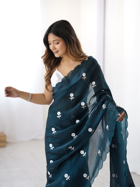 Lavender Sequins Embroidered Fendi Satin Festive Wear Saree For Women