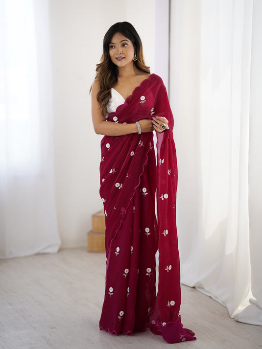 Lavender Sequins Embroidered Fendi Satin Festive Wear Saree For Women