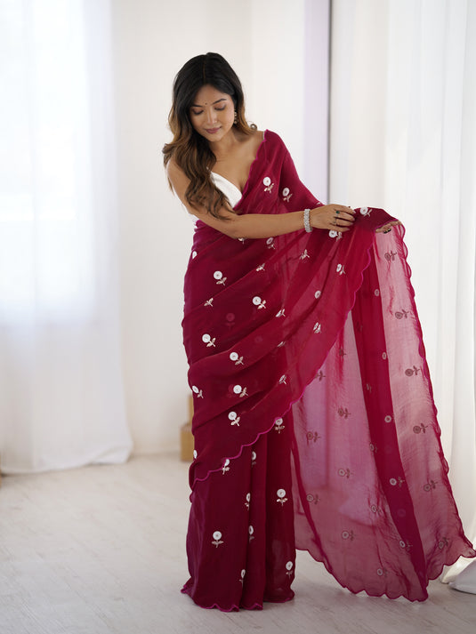 Lavender Sequins Embroidered Fendi Satin Festive Wear Saree For Women