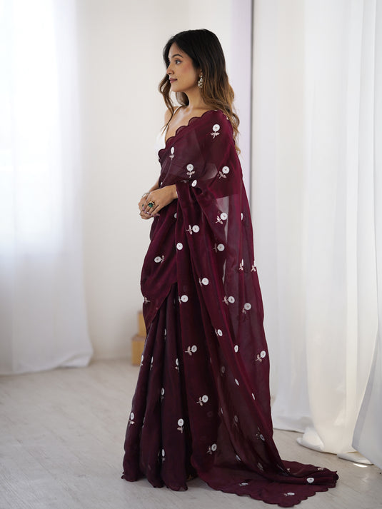 Lavender Sequins Embroidered Fendi Satin Festive Wear Saree For Women