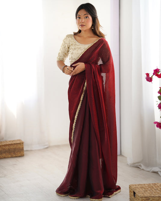 Peach Sequins Embroidered Fendy Satin Party Wear Saree For Women