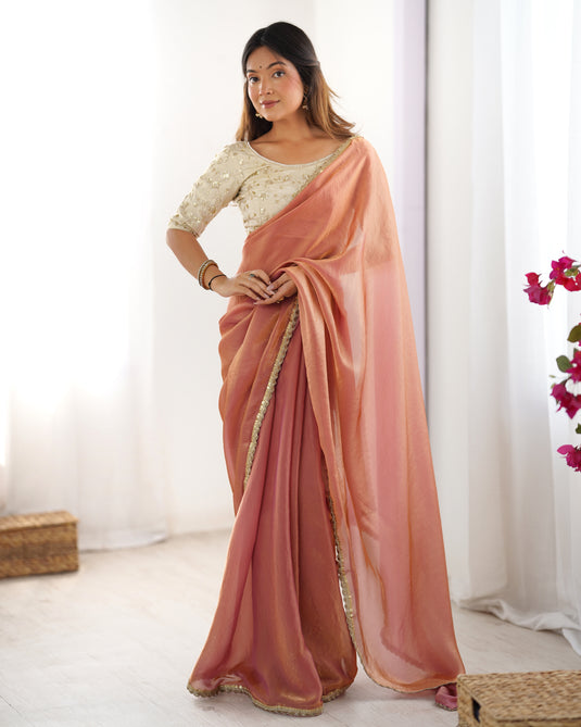 Peach Sequins Embroidered Fendy Satin Party Wear Saree For Women