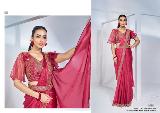 Classic Black Hand Khatli Embroidery Work Two Tone Satin Crepe Silk Festive Saree with Readymade Designer Blouse & Waist Belt