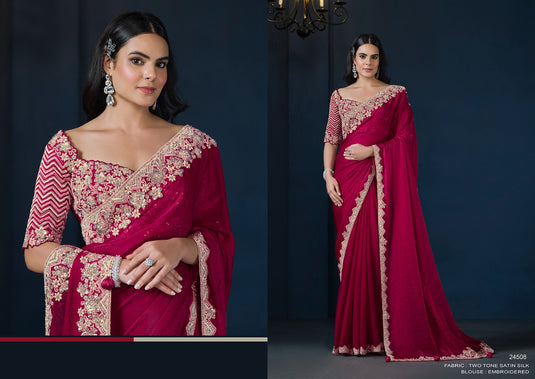Designer Pink Hand Embroidery Work Crepe Satin Silk Festive Wear Saree For Women