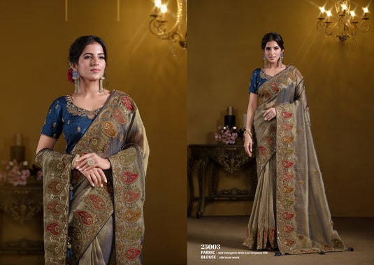 Elegant Purple Georgette Organza Silk Sequins Embroidered Khatli Work Festive Wear Saree