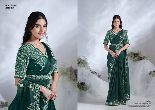 Elegant Black Sequins Embroidered Two Tone Crepe Satin Silk Hand & Mirror Work Festive Saree with Readymade Heavy Blouse