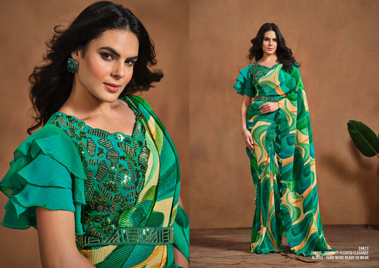 Designer Cream Hand Work Pure Satin Crepe Silk Festive Wear Saree with Readymade Blouse & Waist Belt