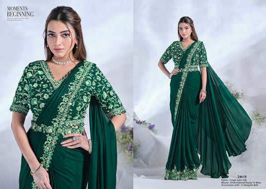 Elegant Black Sequins Embroidered Two Tone Crepe Satin Silk Hand & Mirror Work Festive Saree with Readymade Heavy Blouse