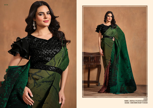 Designer Cream Hand Work Pure Satin Crepe Silk Festive Wear Saree with Readymade Blouse & Waist Belt
