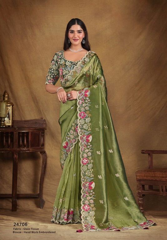 Elegant Blue Hand Embroidery Work Two Tone Satin Organza Silk Festive Saree with Belt