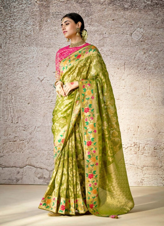 Designer Navy Blue Kora Banarasi Art Silk Festive Wear Saree For Women