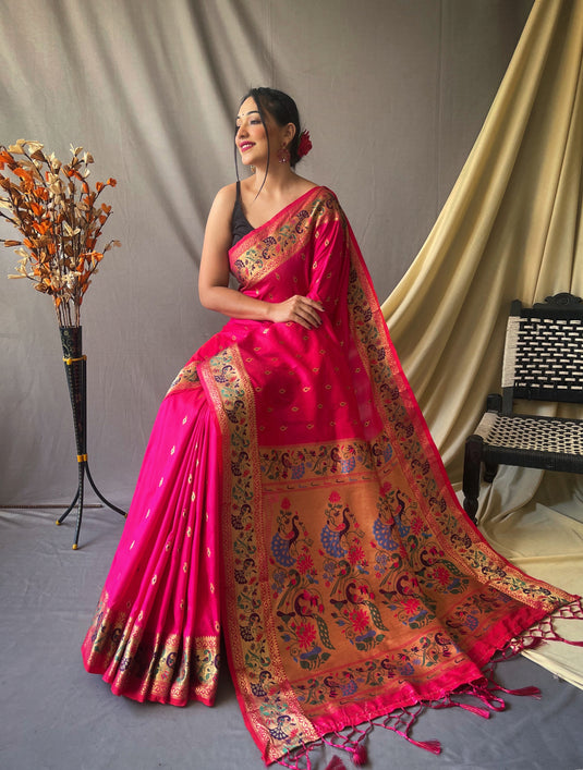 Pink Paithani Soft Silk Peacock Motif Saree