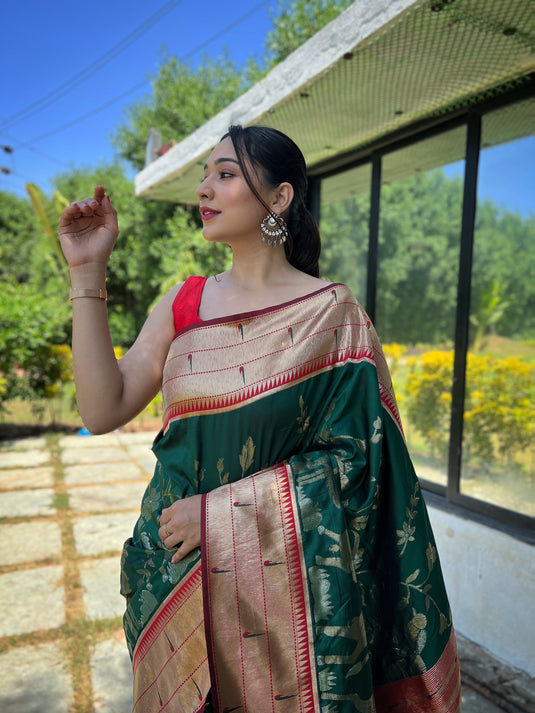 Bottle Green Traditional Pure Soft Paithani Silk Zari Weaving Saree