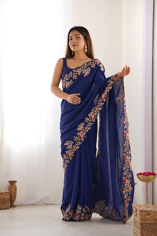 Teal Blue Sequins Embroidered Vichitra Silk Party Wear Saree