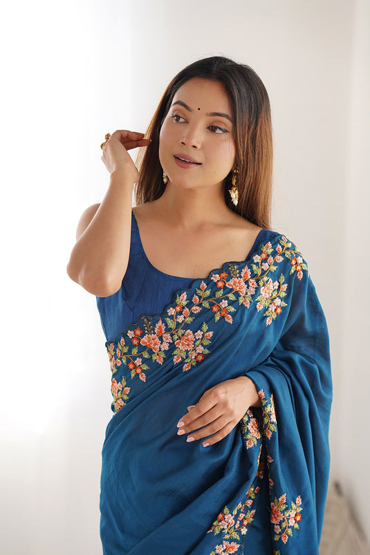 Teal Blue Sequins Embroidered Vichitra Silk Party Wear Saree