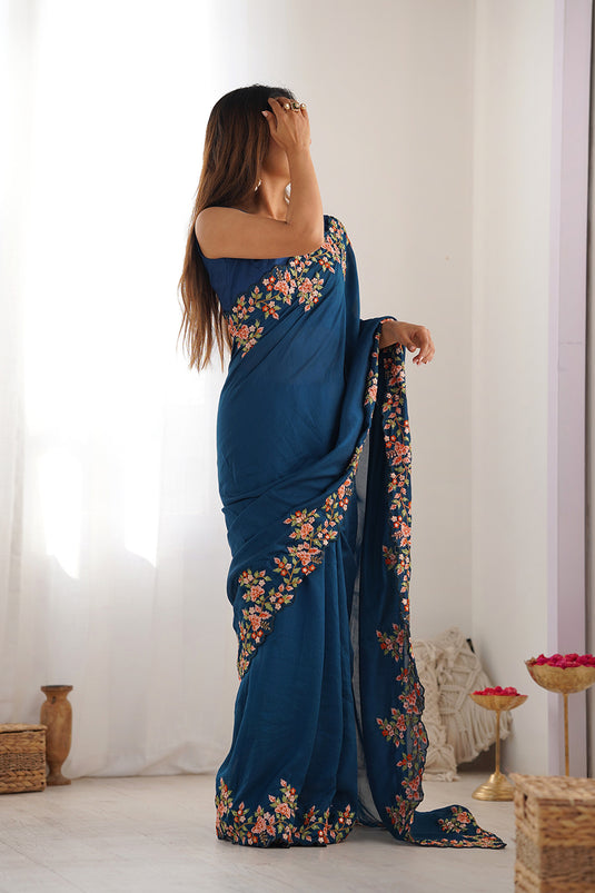 Teal Blue Sequins Embroidered Vichitra Silk Party Wear Saree