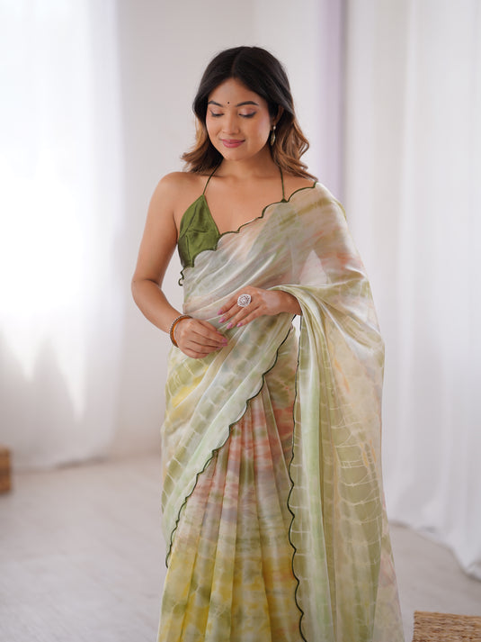 Cream Batik Print Satin Space Silk Party Wear Saree For Women