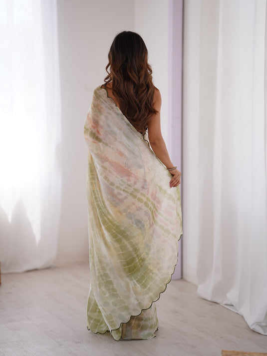 Cream Batik Print Satin Space Silk Party Wear Saree For Women