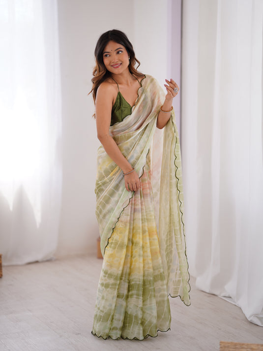 Cream Batik Print Satin Space Silk Party Wear Saree For Women