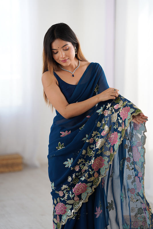 Wine Sequins Embroidered Georgette Party Wear Saree For Women