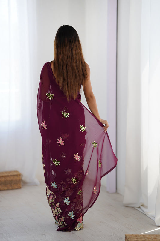 Wine Sequins Embroidered Georgette Party Wear Saree For Women